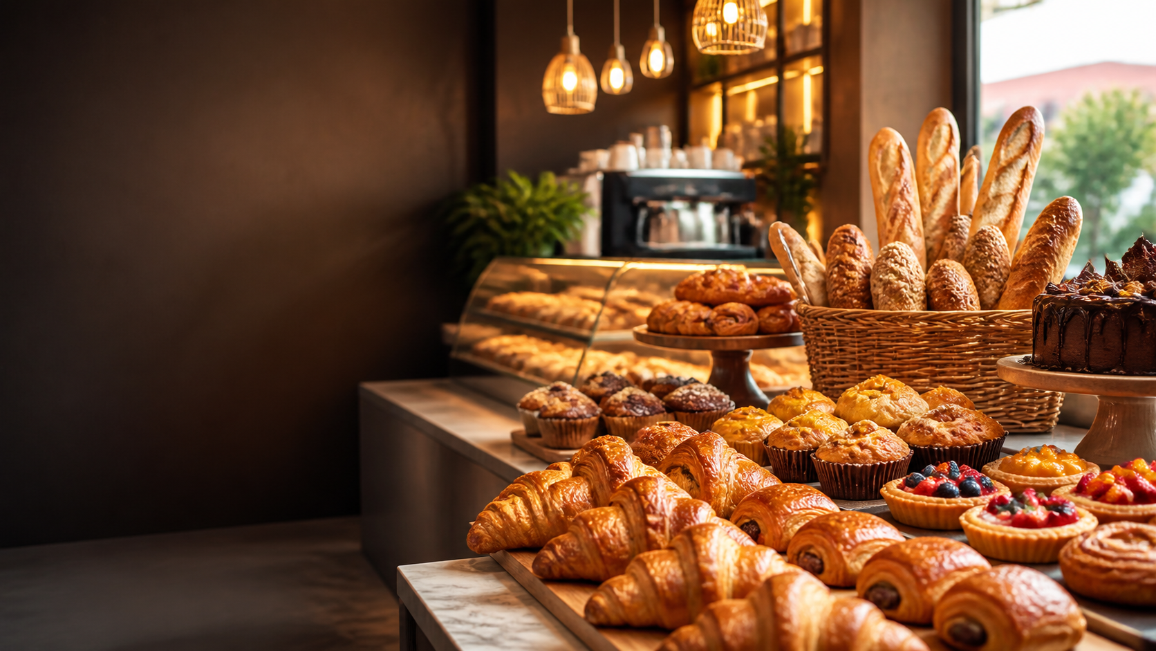 Croissants, pains artisanaux et pâtisseries dans une boulangerie moderne